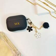 Customized (2-Piece Set, Including Small Floral Plush Lanyard) Minimalist Matte Korean-Style Earphone Case, Black & White Floral Plush Circle Lanyard, Compatible With AirPods 1/2 And Pro 3, Customized Letter Name, Ideal For Valentine's Day, Birthday, Holiday Gifts, Personalized Gifts For Women - Black - View 5