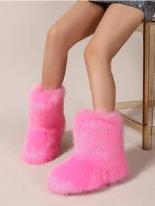 Women's Faux Fur Boots Furry Mid Calf Fur Boots Comfortable Outdoor Flat Shoes Winter Warm Plush Surface Snow Boots - 粉色 - 查看 2