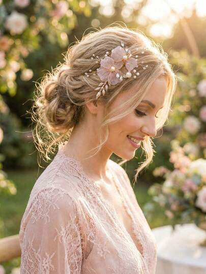 1pc Handmade Pink Flower & Golden Leaf Hair Clip, Pearl Decor Bridal Hair Accessory Suitable For Wedding And Party