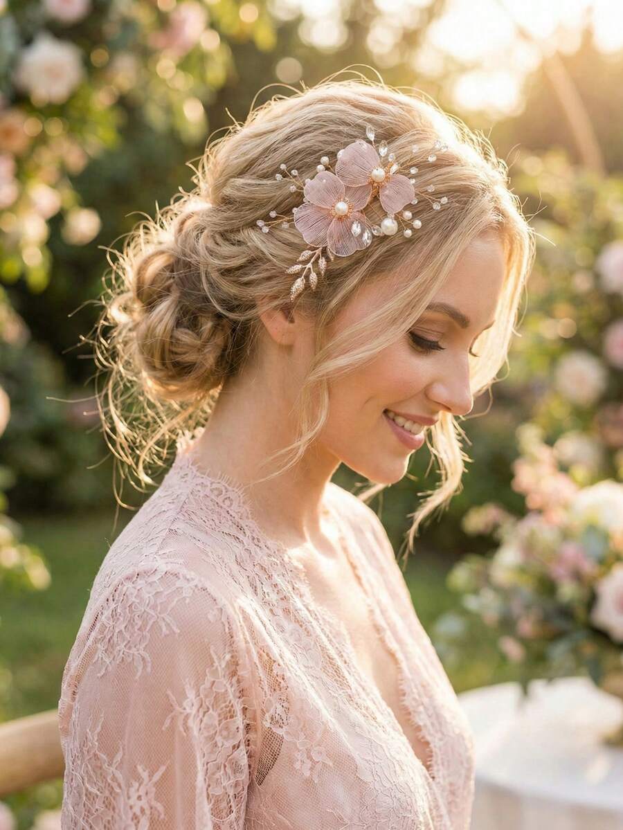 1pc Handmade Pink Flower & Golden Leaf Hair Clip, Pearl Decor Bridal Hair Accessory Suitable For Wedding And Party