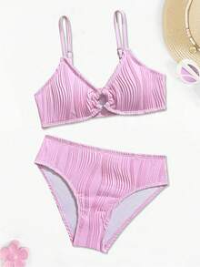 少女比基尼套装，粉色针织面料，特殊材质，两件式泳衣，深V领，可调节肩带，O型环装饰，新款夏季海滩度假泳装 - 粉色 - 查看 1