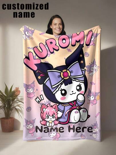 Sanrio 1pc Customized Kuromi Themed Blanket, Can Customize Personal Name, Printed With Kuromi Cartoon Pattern, Cute And Cozy Style - Soft And Comfortable, Machine Washable, Digital Printed Polyester Fabric Throw Pillow, Suitable For Sofa, Bed, Travel, Camping, Living Room, Office, Seat - Ideal Gift For Family And Friends
