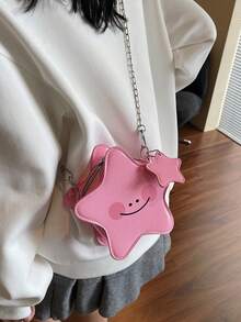 这款时尚经典的可爱纯色PU防水材质女士单肩包，饰有笑脸图案、星星形状、金属链条肩带和拉链封口，非常适合购物、聚会和其他场合。 - 粉色 - 查看 3