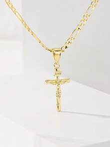 1pc Classic European Style Copper Jesus Cross Pendant Necklace, Limited Edition "Light Of Protection", Suitable As Gift For Christmas, Thanksgiving, Halloween, Mother's Day, Valentine's Day, Friends, Believers, First Holy Communion, Daily Wear And Prayer - Yellow Gold - View 3