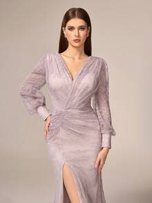 VIPGIRL Elegant Women's Long Lace Gown With Deep V Neck And Long Raglan Sleeves Formal Dress - Dusty Pink - View 8