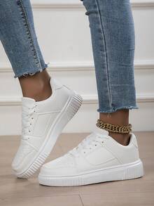 أحذية رياضية كاجوال من القماش للنساء، أحذية بيضاء مسطحة عصرية متعددة الاستخدامات، أحذية رياضية خفيفة الوزن ومريحة - أبيض - مشاهدة 4