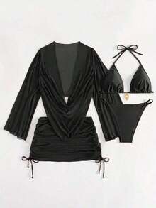 4pcs Sexy Solid Color Bikini Set With Sheer Cover-Up, Suitable For Vacation, Beach Party, Also Ideal For New Year And Valentine's Day, Exuding Elegance And Avant-Garde, Perfect Choice For Casual Women In Spring/Summer - 黑色 - 查看 3