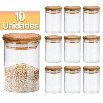Kit 10 Pote Hermético de Vidro 300ml Redondo Pequeno Com Tampa de Bambu Tempero Condimentos Cozinha