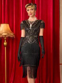 1920s Shiny Fringe Flapper Dress For Women, Cocktail Party Dress, 1920s Harlem Nightwear Wedding Fall - Gold - View 4