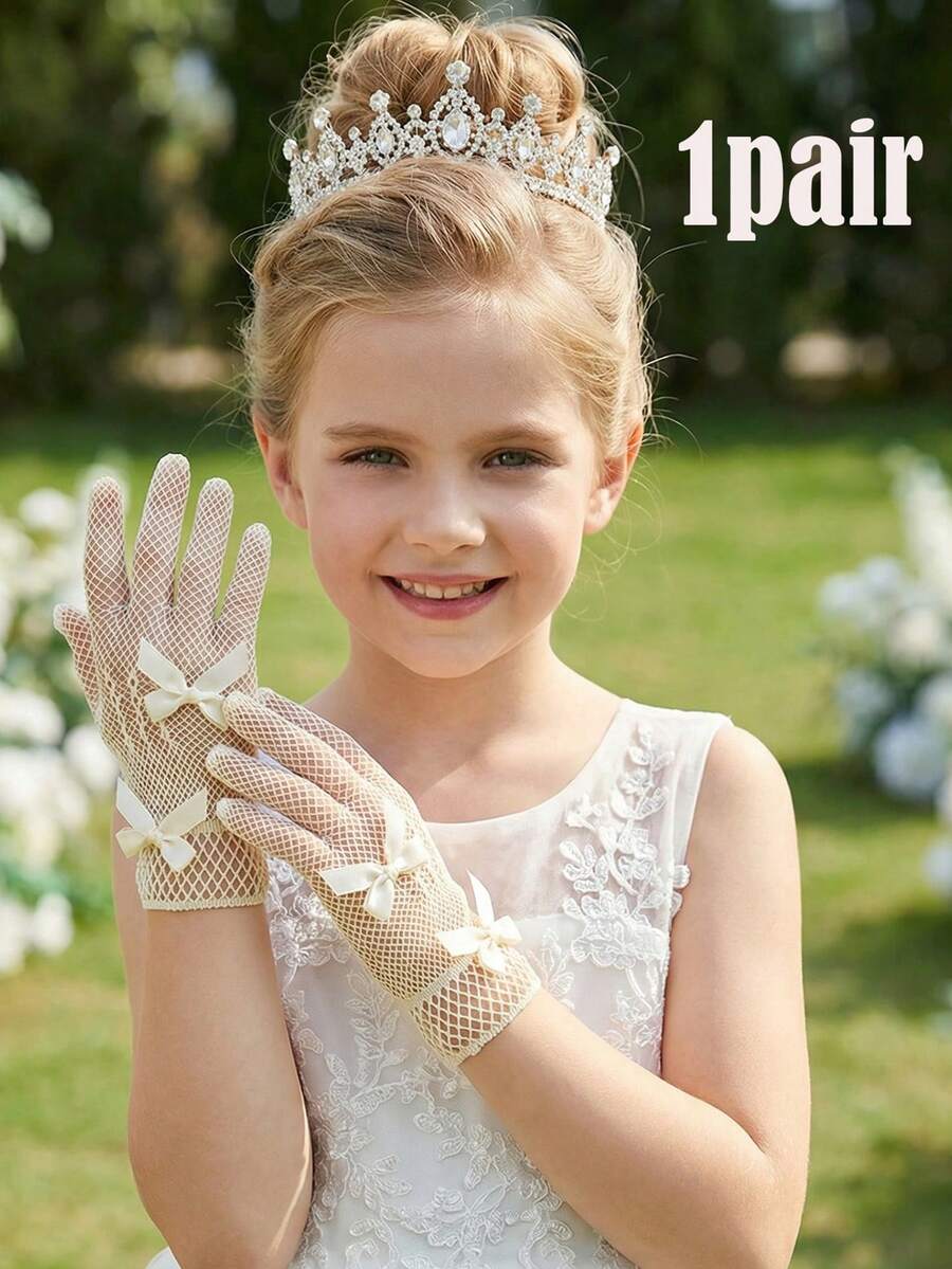 1 đôi găng tay lưới co giãn cho trẻ em 4-12 tuổi, kèm 2 nơ nhỏ, màu be - 1Pair - Xem 1