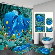 海豚图案浴帘套装，含12个挂钩的浴帘、防滑浴室垫、U型马桶垫、马桶垫、浴室配件 - 彩色 - 查看 3