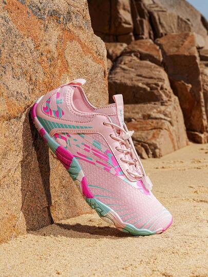 Giày đi bộ đường dài dưới nước dành cho nữ, phối da và lưới màu hồng, thích hợp cho hoạt động ngoài trời, đi bộ trên bãi biển, các hoạt động dưới nước, đế cao su, thoải mái như đi chân trần, kiểu giày thể thao năm ngón.