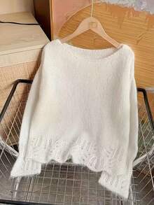 Áo len dệt kim dài tay cổ tròn thanh lịch dành cho nữ cỡ lớn, kiểu dáng khoét lỗ thời trang, màu trắng mùa thu hè. - trắng - Xem 6