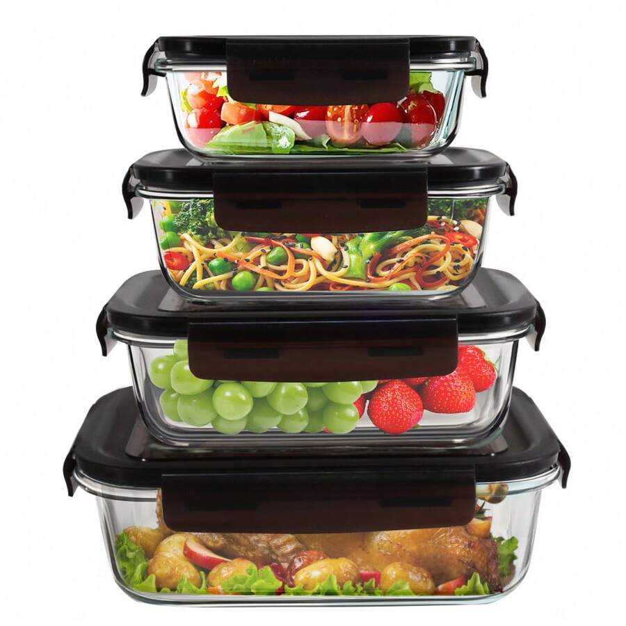 4 Pack Extra Large Capacity Glass Food Storage Containers With Airtight Lids, Glass Meal Prep Containers, Lunch Office Meal For Microwave, Oven, Freezer And Dishwasher, Leakage-Proof Technology - màu đen - Xem 1
