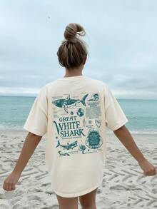 Summer Women Casual Loose Shark & Dolphin Letter Print Round Neck Camisole, Versatile Beach Vacation Style Top, Suitable For Summer Holiday - Apricot - View 1