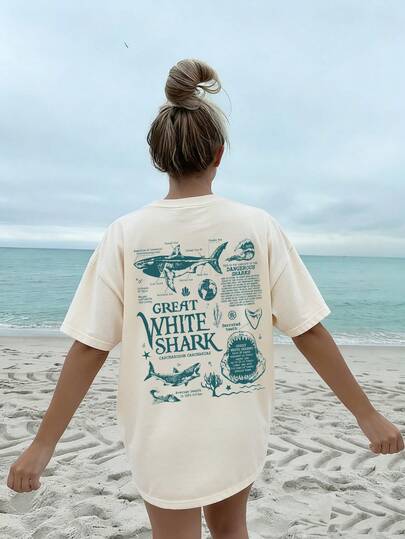 Summer Women Casual Loose Shark & Dolphin Letter Print Round Neck Camisole, Versatile Beach Vacation Style Top, Suitable For Summer Holiday