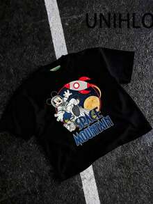 Disney UNIHLO Street Life Men's Casual Loose  Mickey Cartoon  Print Short Sleeve T-ShirtSummer - 黑色 - 查看 2