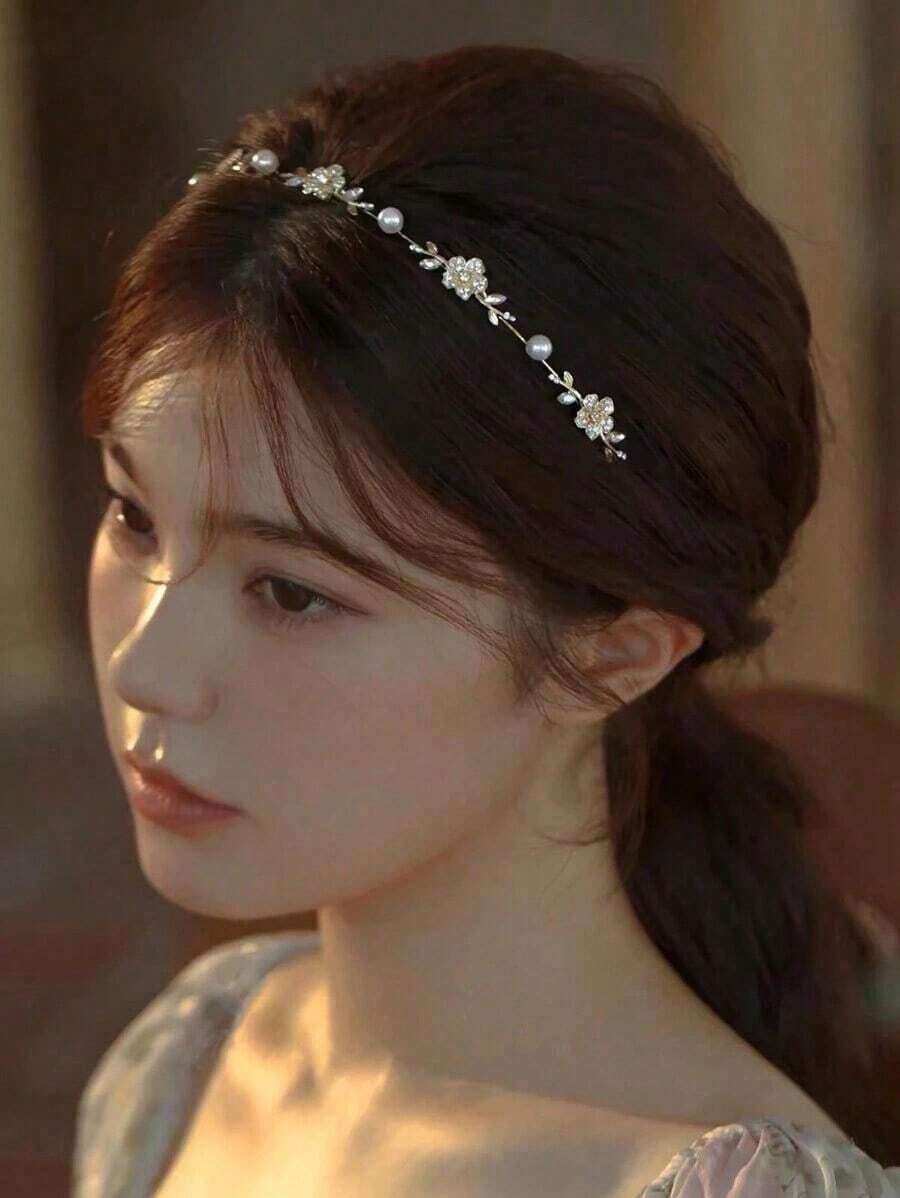 1pc Faux Pearl Flower Rhinestone Alloy Simple Hairband Decor For Women Tiaras Valentine's Day,Hairband,Hair Hoop Headbands ,Head Piece Hair Accessories - 黃金9 - 查看 1