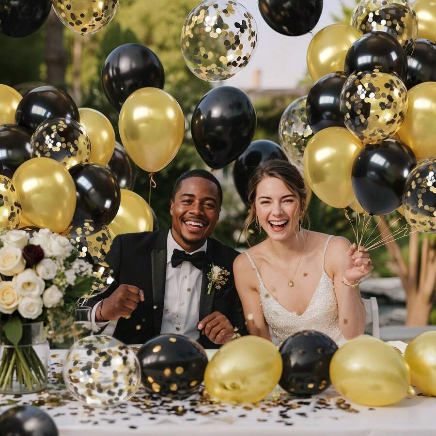 34pcs/Set Metallic Gold, Matte Black, Multicolor Confetti Latex Balloons With Ribbons, Suitable For Ramadan, Birthday Party, Bachelor Party, Valentine's Day, Anniversary, Wedding Decor, Mother's Day, Father's Day, Graduation Celebration, And Various Indoor/Outdoor Event Decorations - Multicolor - View 1