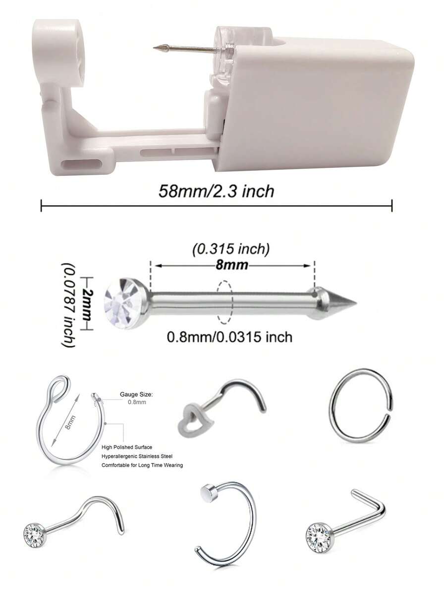 7件套一次性时尚鼻钉枪套装，心形和圆形鼻钉替换装，舒适