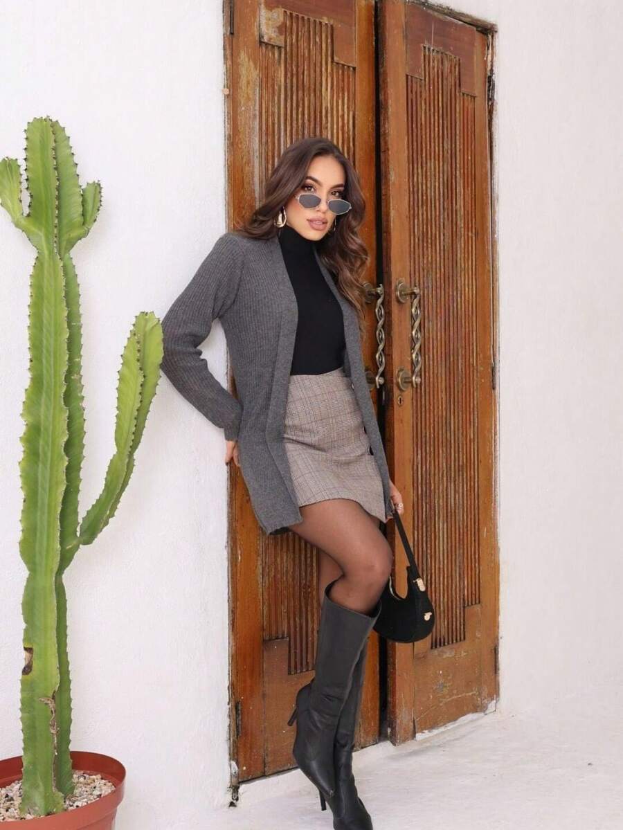 Sarah Ribbed Knit Cardigan Long Sleeve Jacket - Xám - Xem 1