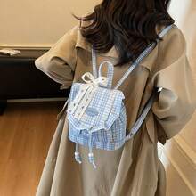 Ba lô mini kẻ caro xanh dương với nơ ren trang trí, kiểu dáng sinh viên, túi đeo vai nhẹ nhàng, thoải mái dành cho nữ, thích hợp sử dụng hàng ngày và du lịch, trang trí phòng, đựng mỹ phẩm. - Nhiều màu - Xem 3
