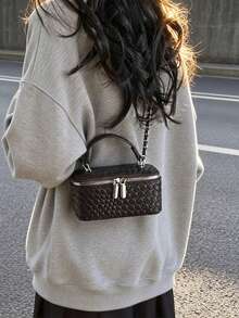 1个迷你PU仿编织时尚链条肩带手提包/斜挎包 - 咖啡棕 - 查看 2