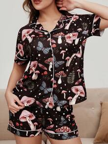 2pcs Women Mushroom, Leaf, Butterfly Print Starry Atmosphere Decorated Short Sleeve Shorts Pajama Set, Comfortable Polo Collar, Ribbed Trim, Versatile, Knit Top With Button Front Pockets, Elastic Waist Pants, Suitable For All Seasons Casual Loungewear - 黑色 - 查看 11