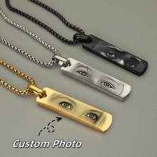 1pc Customized Couple Eye Photo Necklace, Laser Engraved Eye Photo And Name Pendant Necklace, Customized Laser Engraved Text Couple Necklace, Stainless Steel Square Faux Pearl Men's Photo Necklace, Personalized Unique Gift For Girlfriend, Mother, Family, Friends, Daughter, Grandparents - Multicolor - View 1