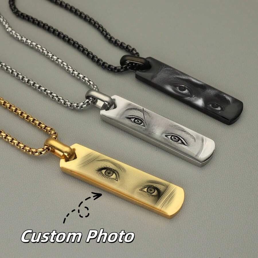 1pc Customized Couple Eye Photo Necklace, Laser Engraved Eye Photo And Name Pendant Necklace, Customized Laser Engraved Text Couple Necklace, Stainless Steel Square Faux Pearl Men's Photo Necklace, Personalized Unique Gift For Girlfriend, Mother, Family, Friends, Daughter, Grandparents - Multicolor - View 1