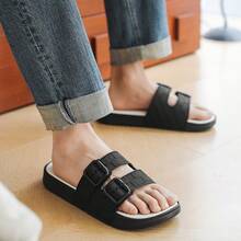 Men's Casual Slippers, Buckle Design Beach Sandals, Versatile Non-Slip Fashion Slides, Suitable For All Seasons - Black and White - View 7
