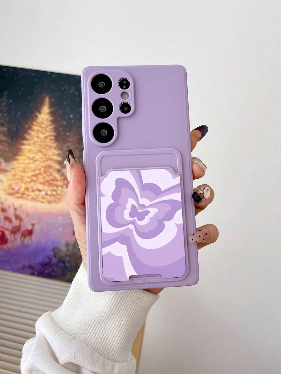 1pc Solid Purple TPU Shockproof Phone Case & 1pc Purple Gradient Butterfly Pattern Detachable Card Holder 2-In-1 Compatible With IPhone 6s 7 8 Plus X XR XS 11 12 13 14 15 16 17 Pro Max Mini Plus Air, A14, A54, A56, A31 4G, A23, OPPO A98, S24 S25 Ultra, Redmi A5 13C 14C, Redmi Note 14 Pro 4G, Redmi Note 15 Pro, Redmi K60 Ultra - Multicolor - View 1