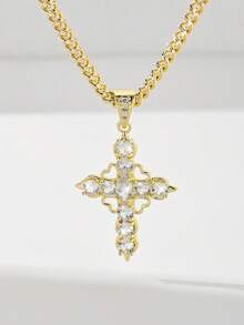 1件欧美经典铜镶嵌锆石十字架吊坠项链，限量版嘻哈风格守护之光，适合作为圣诞节/感恩节/万圣节/母亲节/情人节礼物送给情侣/朋友/教父母，也适合天主教初领圣体、日常及节日佩戴祈祷。 - 金黃色 - 查看 2