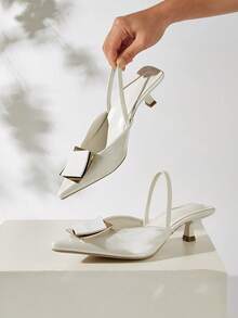 2025新款女士时尚金属扣尖头高跟鞋，优雅设计 - 白色 - 查看 2