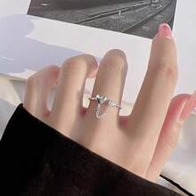 1枚极简奢华锆石心形链戒指 - 復古銀色 - 查看 2