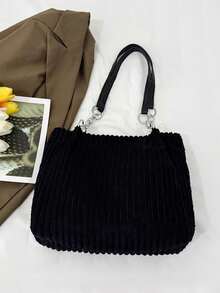 时尚条纹手提包 - 女士大容量单肩包 - 拉链托特包，日常使用 - 金属链条肩带托特包 - 黑色 - 查看 6