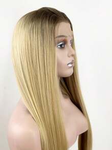 13x4渐变色蕾丝前假发，合成材料，长直发造型，耐热纤维，无需胶水即可佩戴的蕾丝替换假发，预先拔毛的自然发际线，24英寸高清透明蕾丝，女士礼物，金色 - 拼色 - 查看 4