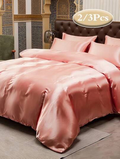 2/3件套缎面纯色被套套装，奢华舒适被套，柔软丝滑，轻盈透气，抗皱，全/大/特大尺寸（1个被套+1/2个枕套，不含填充物），四季皆宜，柔软舒适，适合单人、宿舍、学生、家庭卧室、酒店使用，带拉链封口和枕套，多色可选，经久耐用，超大尺寸床上用品，超大尺寸被套套装，适合房间装饰、旅行和宿舍（男孩/女孩）。