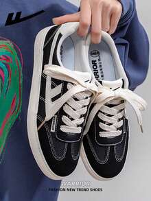 1双 WARRIOR 女士厚底系带软底休闲鞋，低帮户外平底鞋，圆头低跟防滑纯色优雅软底徒步鞋，适合学生、毕业照、平底鞋、低帮皮质运动鞋 - 黑/米 - 查看 8