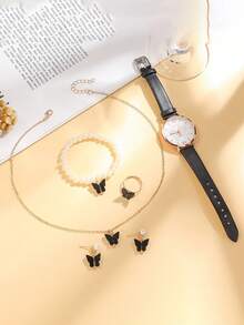 6pcs/Set Elegant Butterfly Design Quartz Watch, Necklace Set, White Dial Exudes Understated Luxury, Great For Singles' Day, Birthday Gift - Gold - View 5