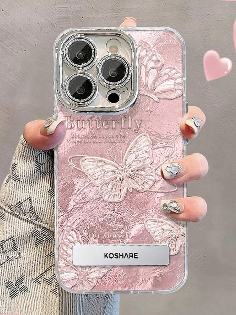 1pc Elegant Pink Butterfly Stand Tin Foil Texture Phone Case Compatible With IPhone 11/12/13/14/15/16/17 Pro Max - Pink - View 1