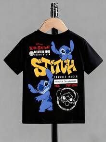 Disney Black Background Stitch Front And Back Print Kids' Short Sleeve T-Shirt And Playful Casual Top - Black - View 2