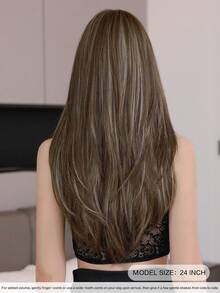 7JHH WIGS Elegant 24-Inch Long Brown Layered Wig With Curtain Bangs For Women Daily Wear, Natural Synthetic Heat Resistant Fiber Hair, Middle Part Loose Wave Golden Highlight Wigs For Mather's Day Gift Wig Accessories - 亞麻棕 - 查看 3