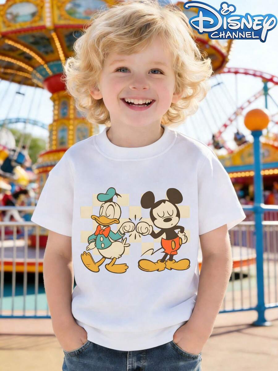 This Disney Mickey And Donald Duck High-Five Graphic Crewneck Summer T-Shirt Is Suitable For Boys And Girls To Wear To Holiday Parties, Family Gatherings, Outdoor Activities, Travel, And As A Gift For Children Visiting Disneyland. - trắng - Xem 1