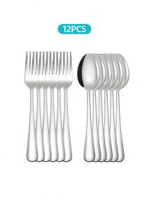 2/8/12/24pcs Stainless Steel Dessert Forks And Spoons Set, Suitable For Home Kitchen, Restaurant, Wedding, Party,Kitchen,Christmas Gift Back To School - Silver - View 11