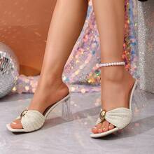 Beige Crochet Square Toe Transparent Thick Heel Mueller Cool Drag Metal Buckle Temperament High Heels Wedding Party Beach Vacation Women's Shoes - 米色 - 查看 11