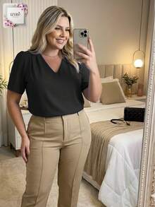 Women's Plus Size Elegant Short-Sleeve Modern Blouse In Duna Fabric, Sizes GG, G1, G2, G3, Summer/Work - màu đen - Xem 5