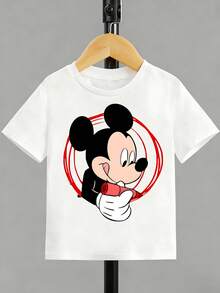 Disney White Background Mickey Mouse Playful Side Profile Red Circle Graffiti Style Print Baby Short Sleeve T-Shirt - Playful Casual Top - White - View 3