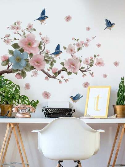 1件装多尺寸粉色花枝鸟蝴蝶浪漫玫瑰绿鸟枝鸟笼墙贴，可移除PVC墙贴，适用于卧室、客厅、餐厅、书房