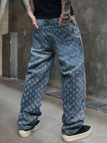 男士时尚高街钩针编织中腰直筒宽松无弹力牛仔裤 - 藍色 - 查看 5